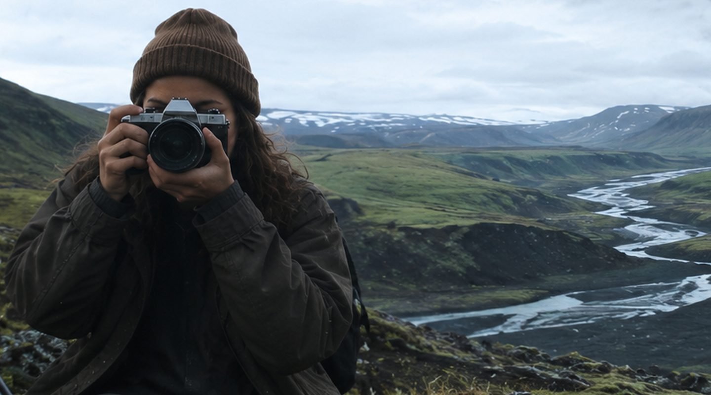 Um viajante erguendo a câmera sobre um vale de rio glacial